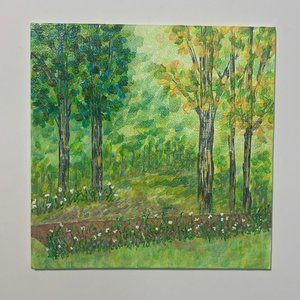 Nature Theme "Garden Green" Acrylic Paint on Canvas Panel Painting, Size 6" x 6"